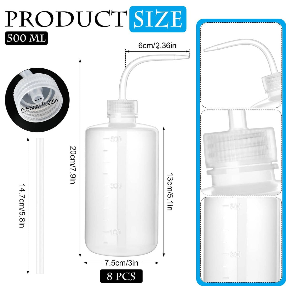White 500 mL plastic wash bottle with clear scale, curved spout, and removable tube