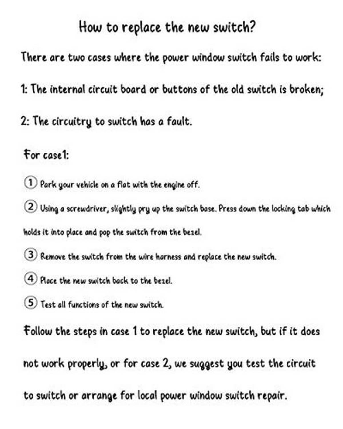 How-to instructions screenshot for replacing a power window switch