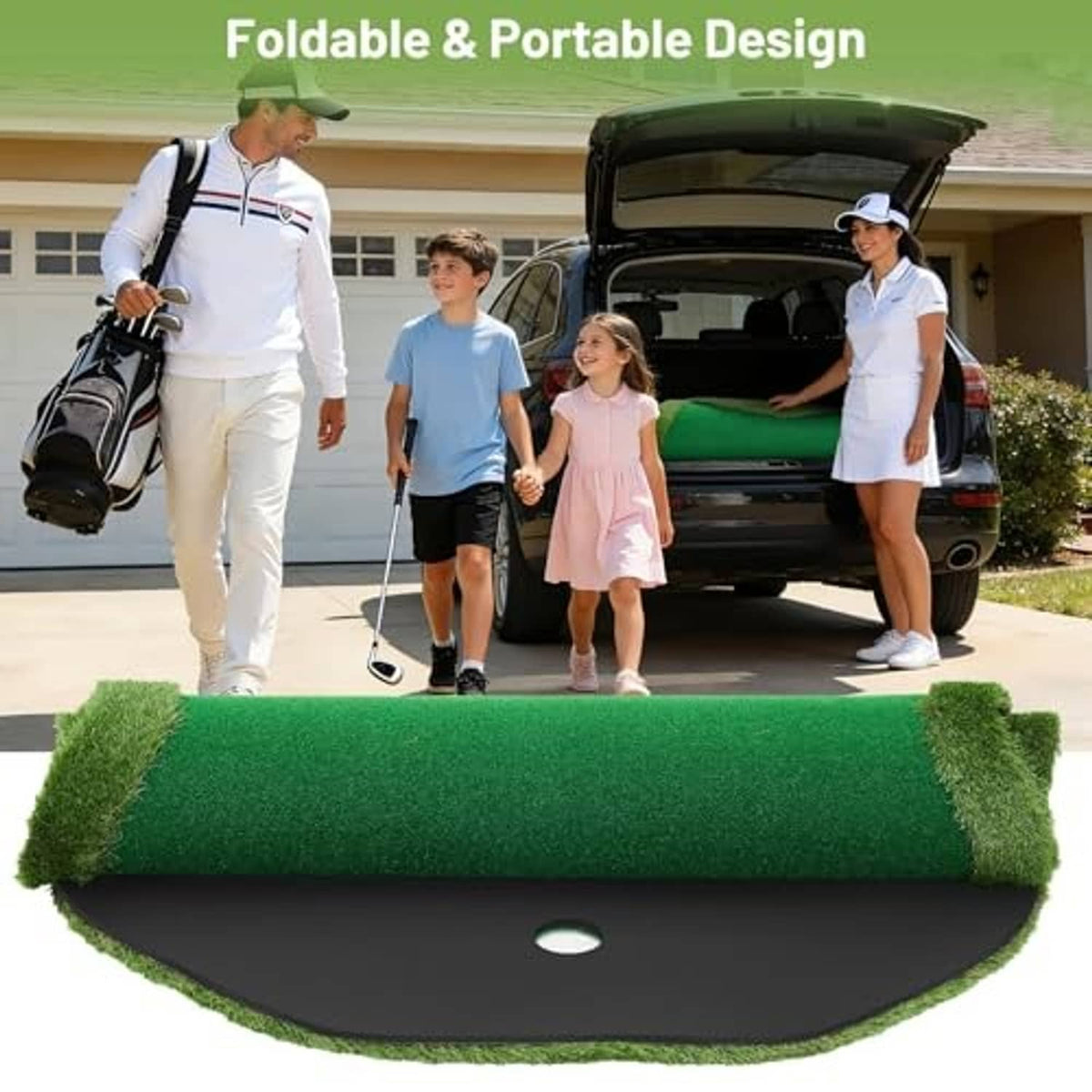 Foldable golf putting green mat with green top and black underside