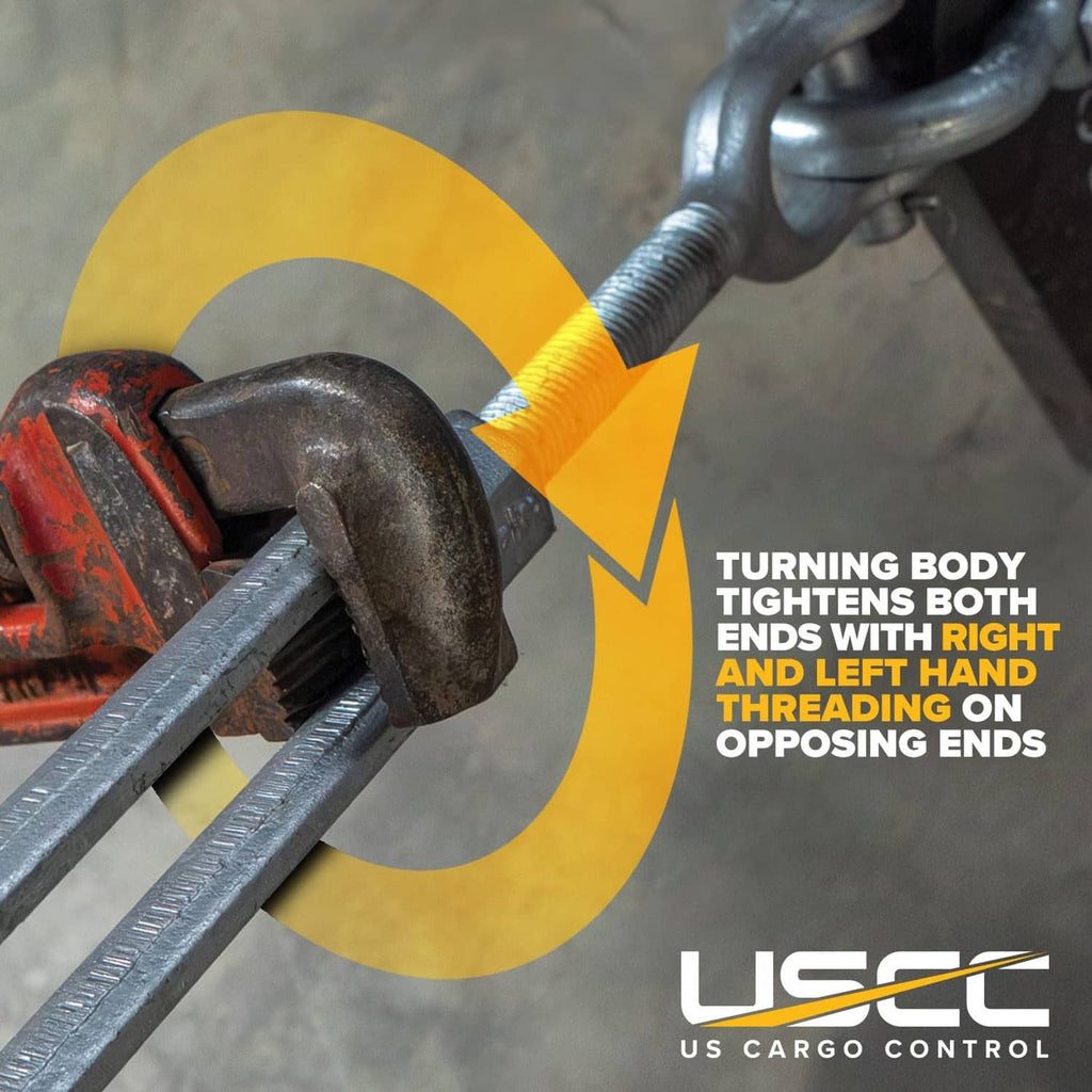 Galvanized turnbuckle body with opposing ends and chain connection hardware
