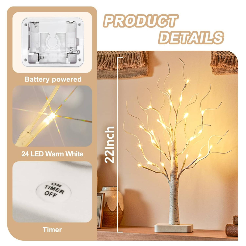 Battery-powered lighted birch tree with 24 warm white LEDs and timer