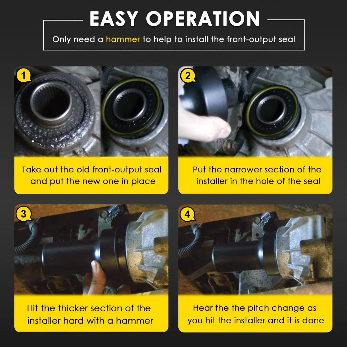 Front-output seal installer tool shown in four step positions with installer tip