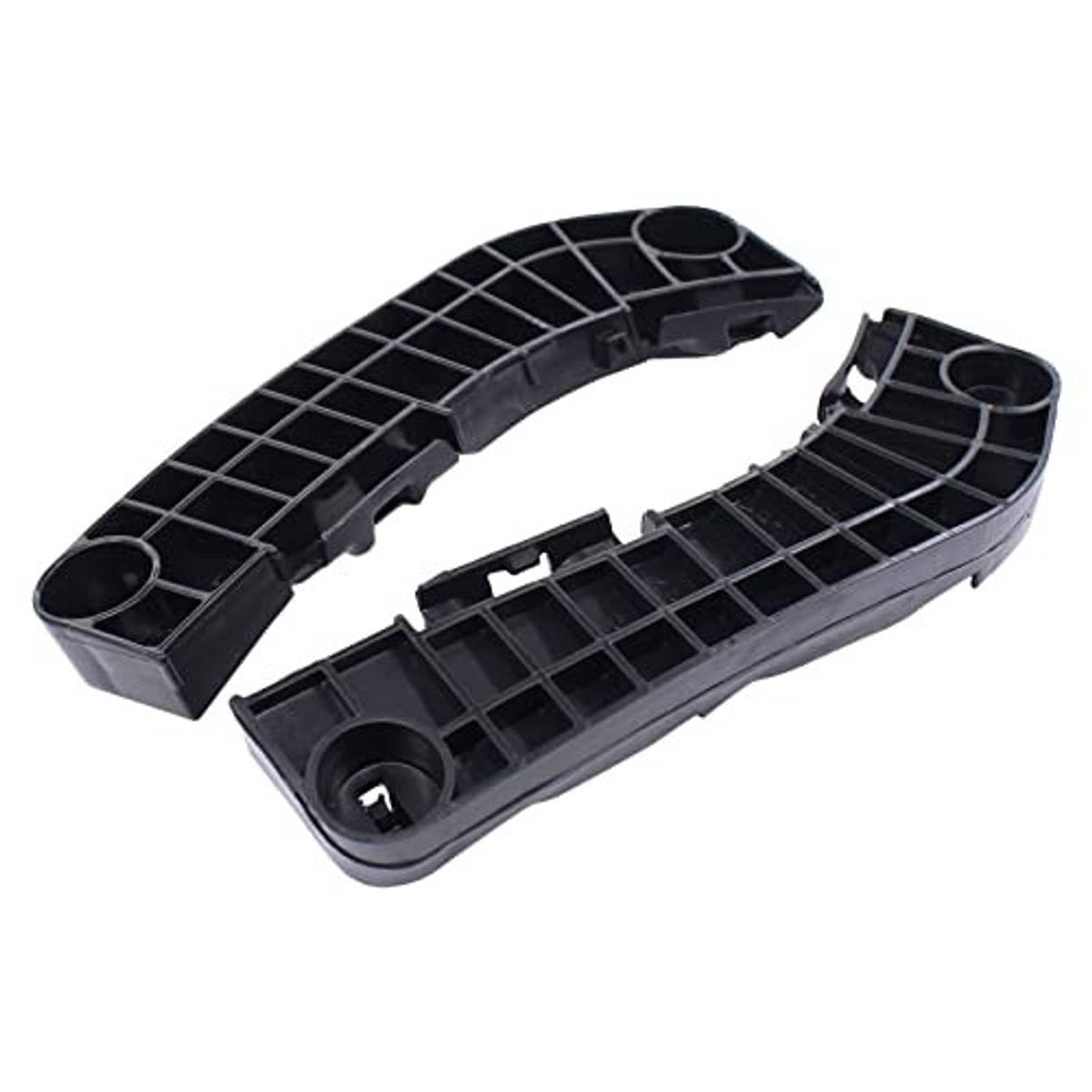Black plastic bumper bracket retainer set with grid ribs and two mounting points