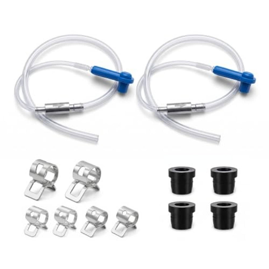 Brake bleeder hose set: two clear hoses with blue adapters, metal clamps, and rubber caps