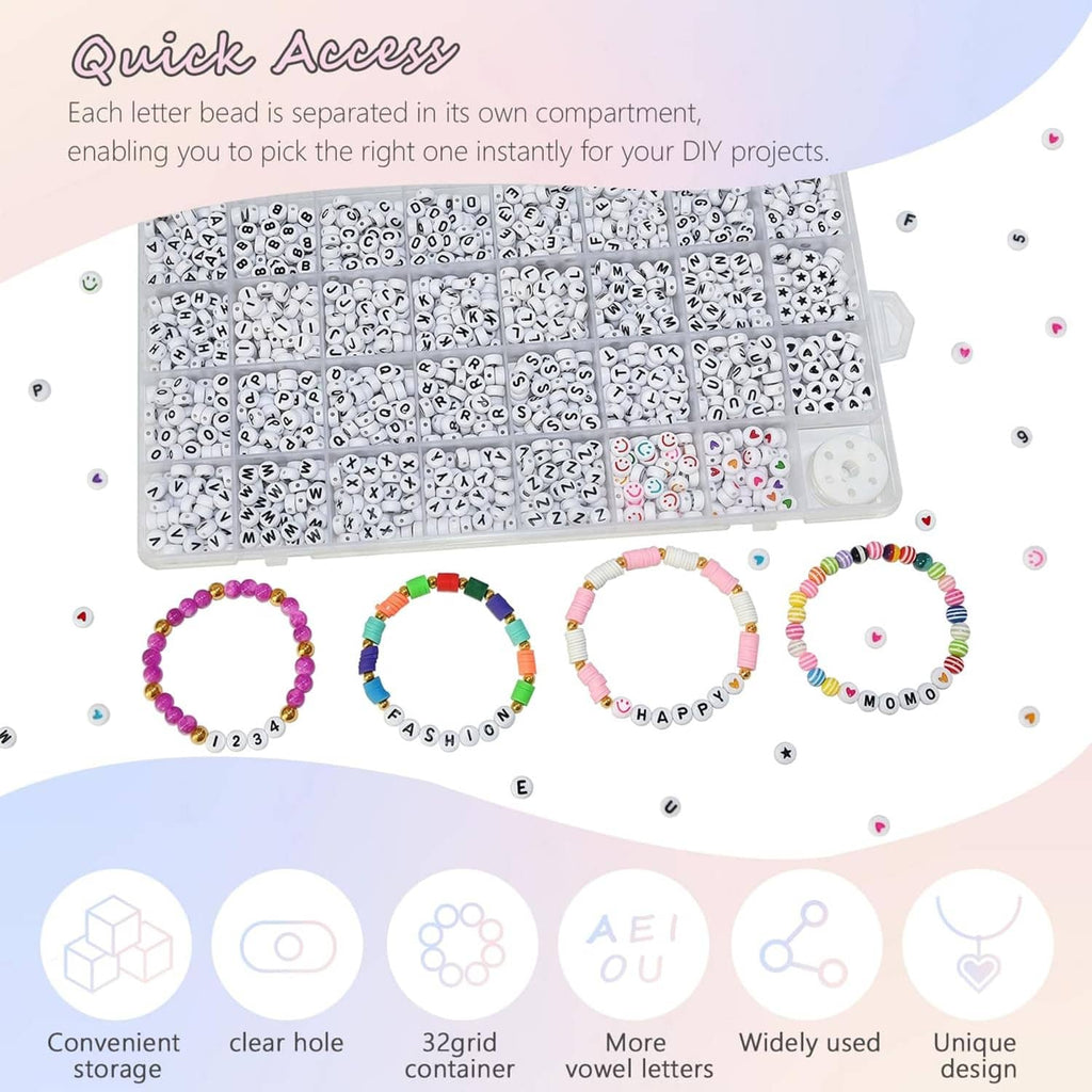 Organizer tray of alphabet letter beads with compartments and example bracelets