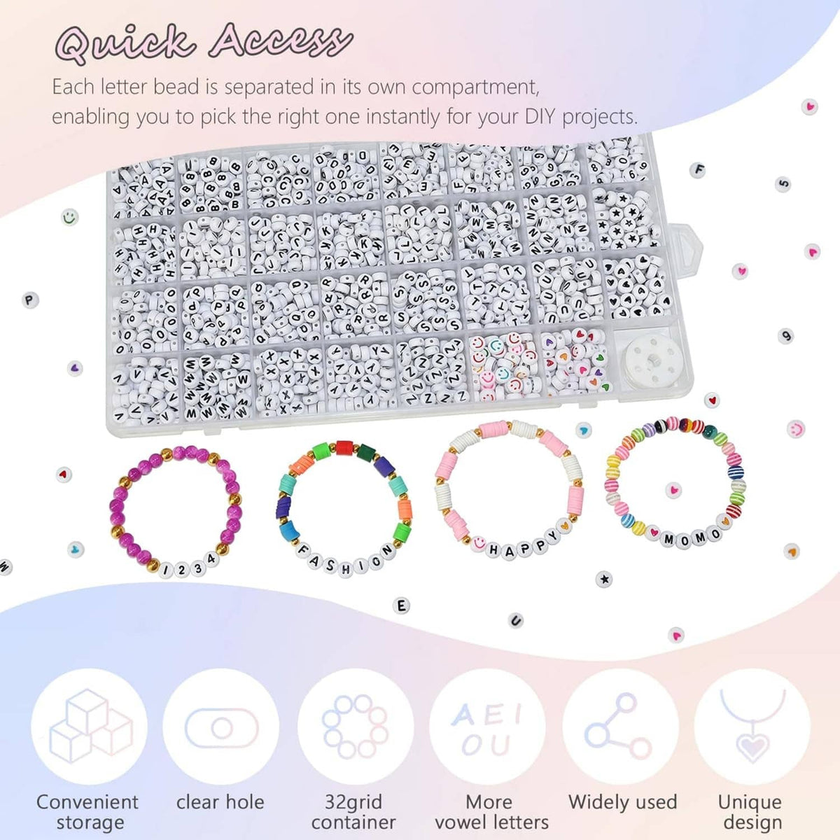 Organizer tray of alphabet letter beads with compartments and example bracelets