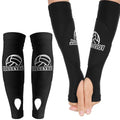 Black volleyball arm sleeves with white logo, padded forearm protection