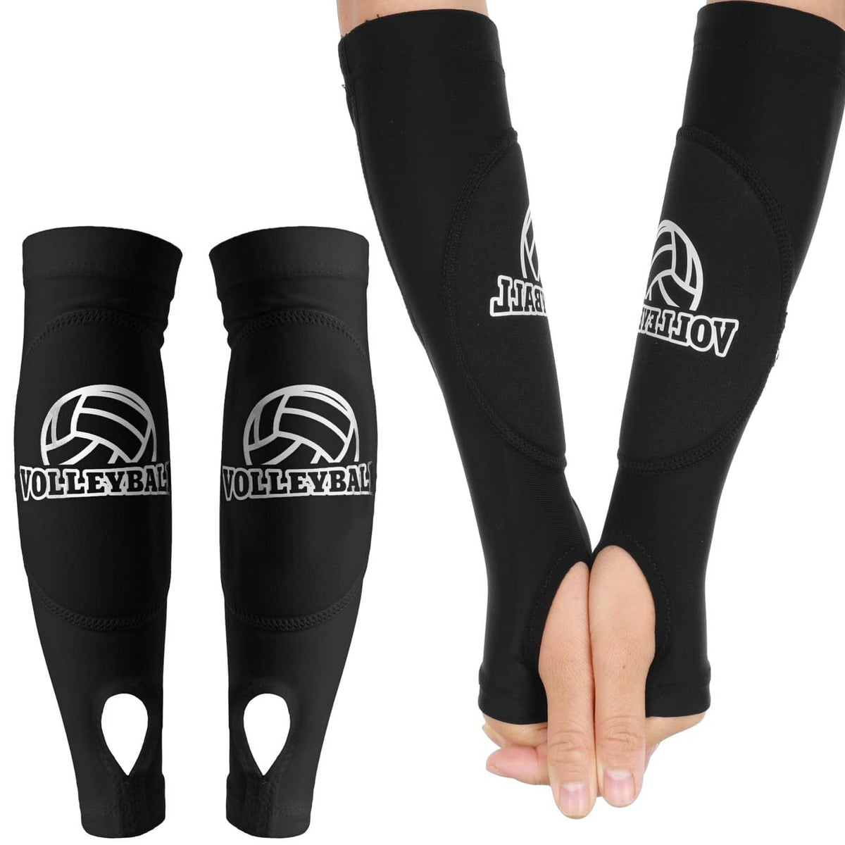 Black volleyball arm sleeves with white logo, padded forearm protection