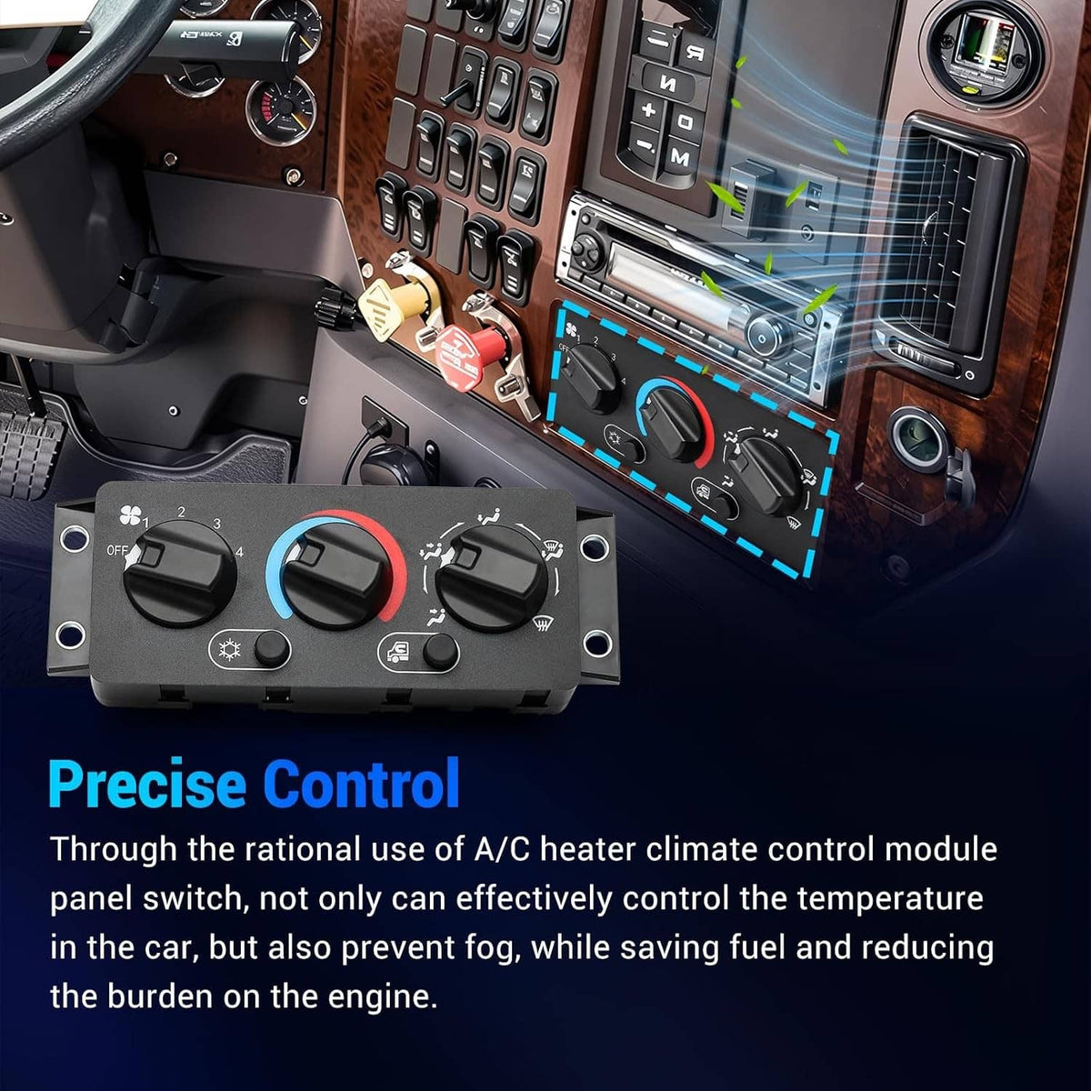 A/C climate control module panel installed on a vehicle console with black control knobs