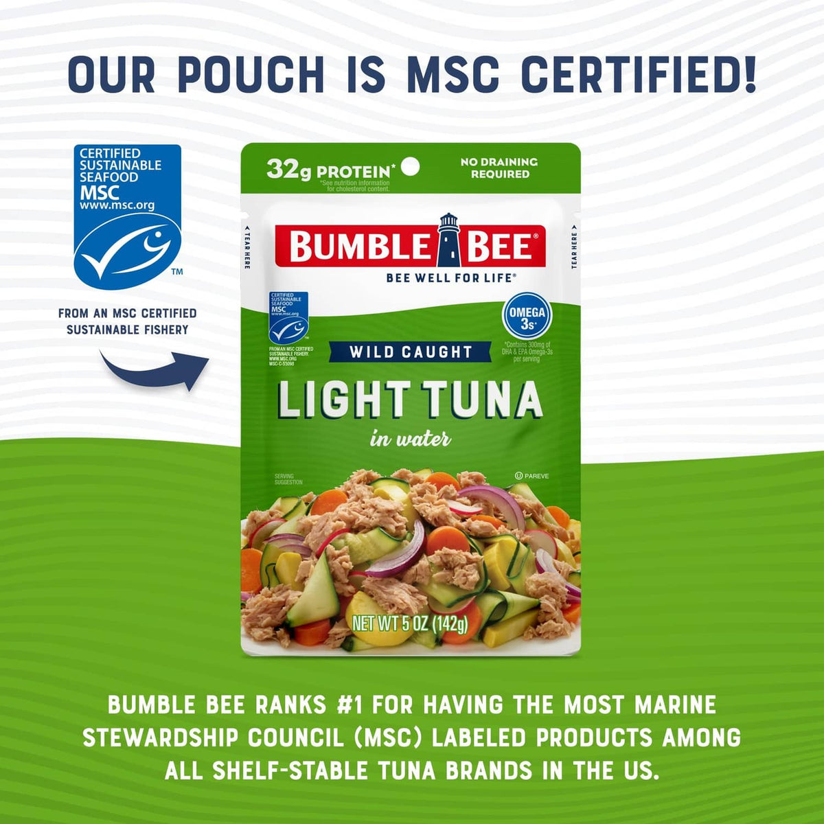 MSC certified Bumble Bee light tuna pouch in water, green “Wild Caught” label