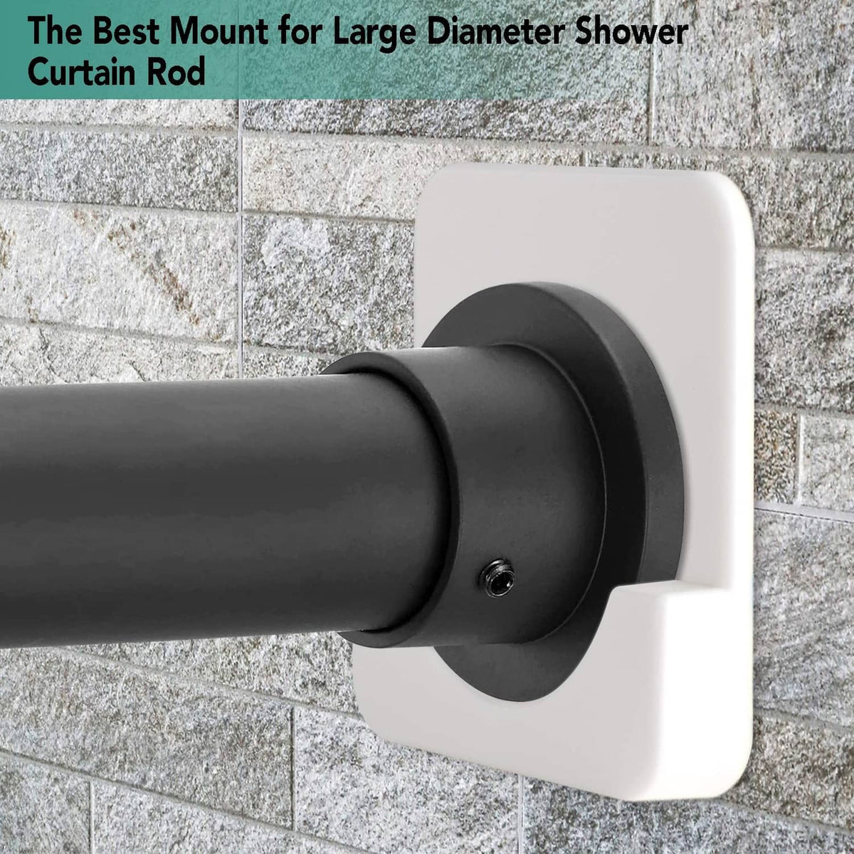 Large square wall mount for shower rod holder with dark bracket and centered screw