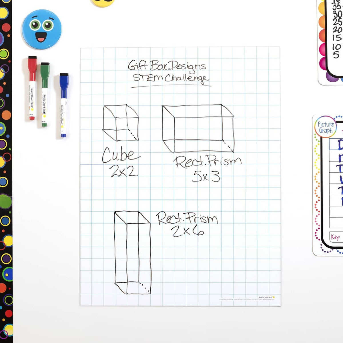 White magnetic dry erase graph board with STEM box design sketch