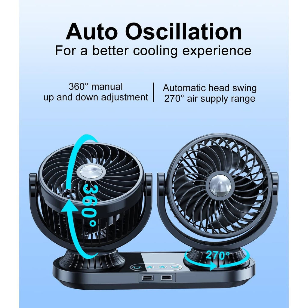 Dual-head car dashboard fan showing rotating air flow between two fan heads