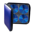 Blue portable CD/DVD storage case with four clear sleeves and zipper close