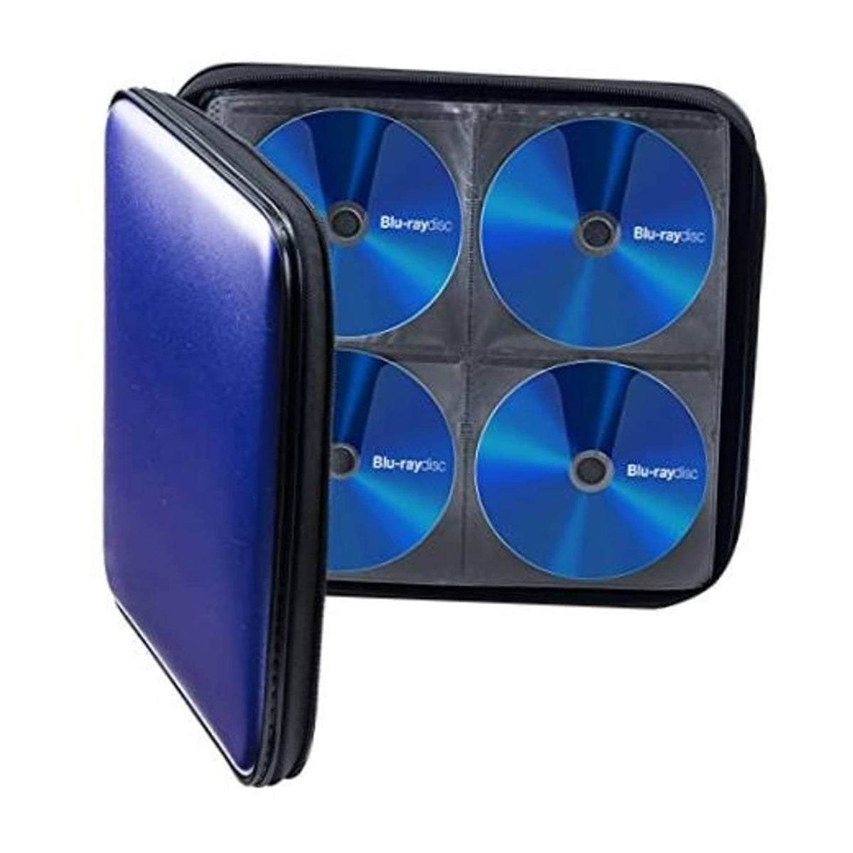 Blue portable CD/DVD storage case with four clear sleeves and zipper close