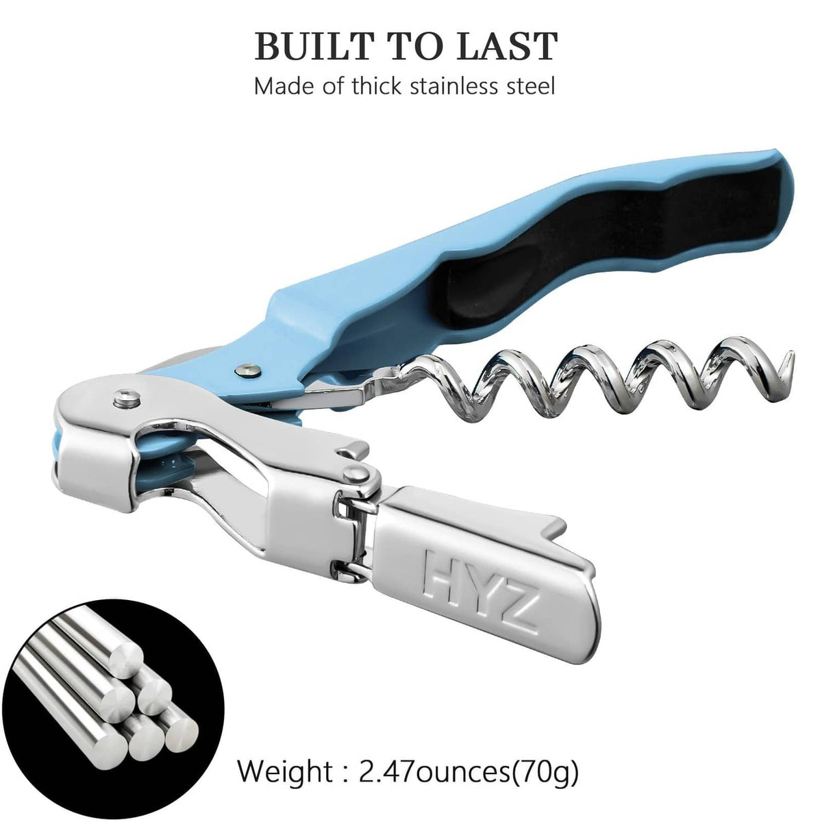Sky blue and chrome waiter corkscrew with cork puller and corkscrew