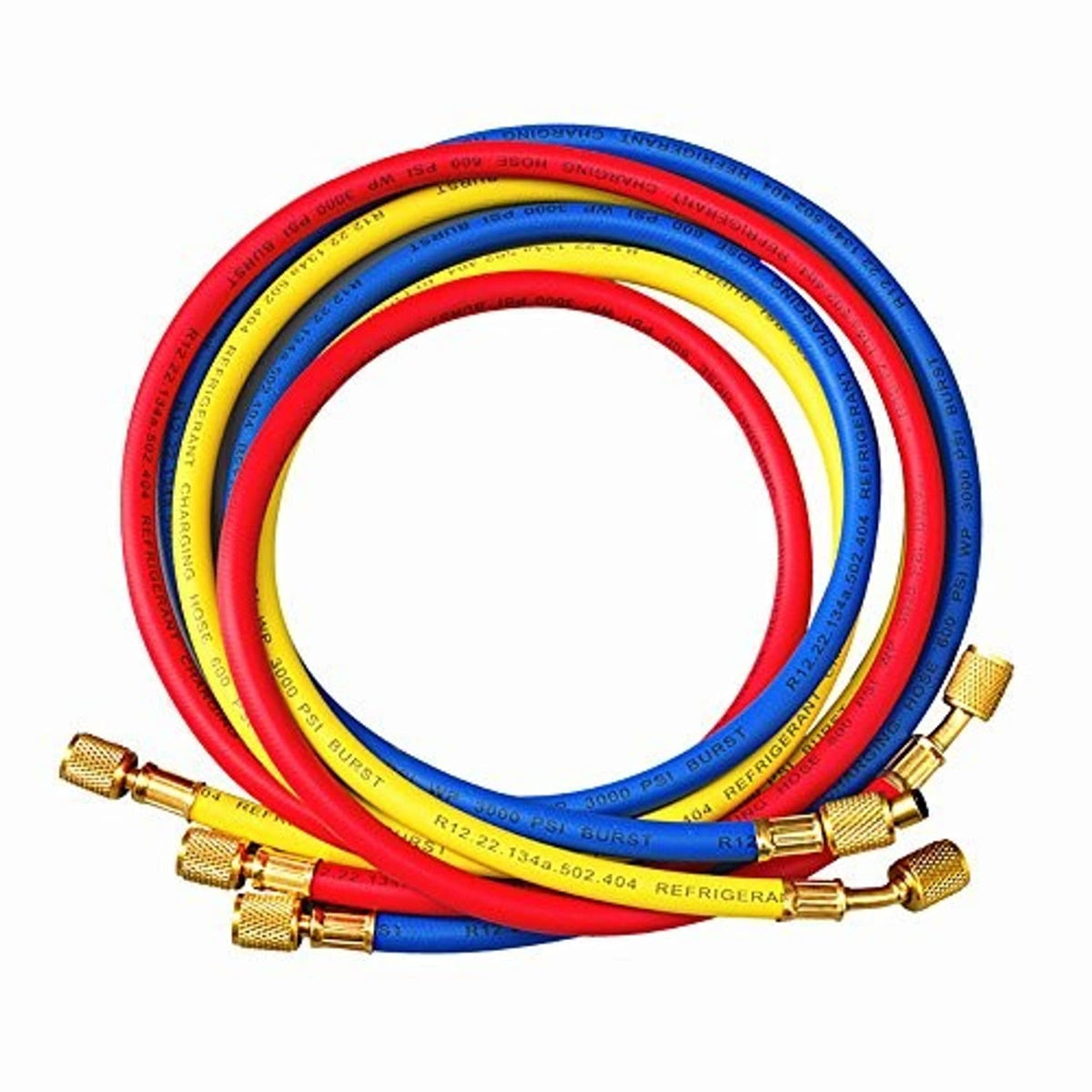 Coiled color-coded refrigerant charging hoses with brass fittings
