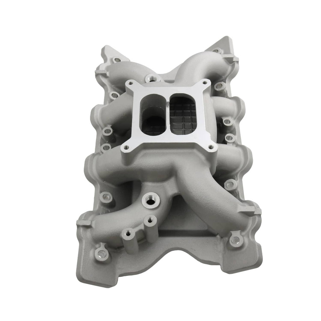 Grey engine intake manifold front view with dual black inlet openings and studs