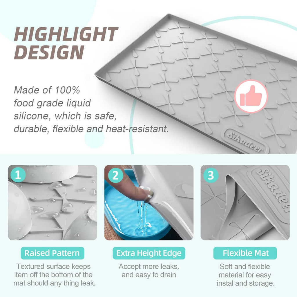 Light gray silicone under-sink mat with raised pattern and flexible surface