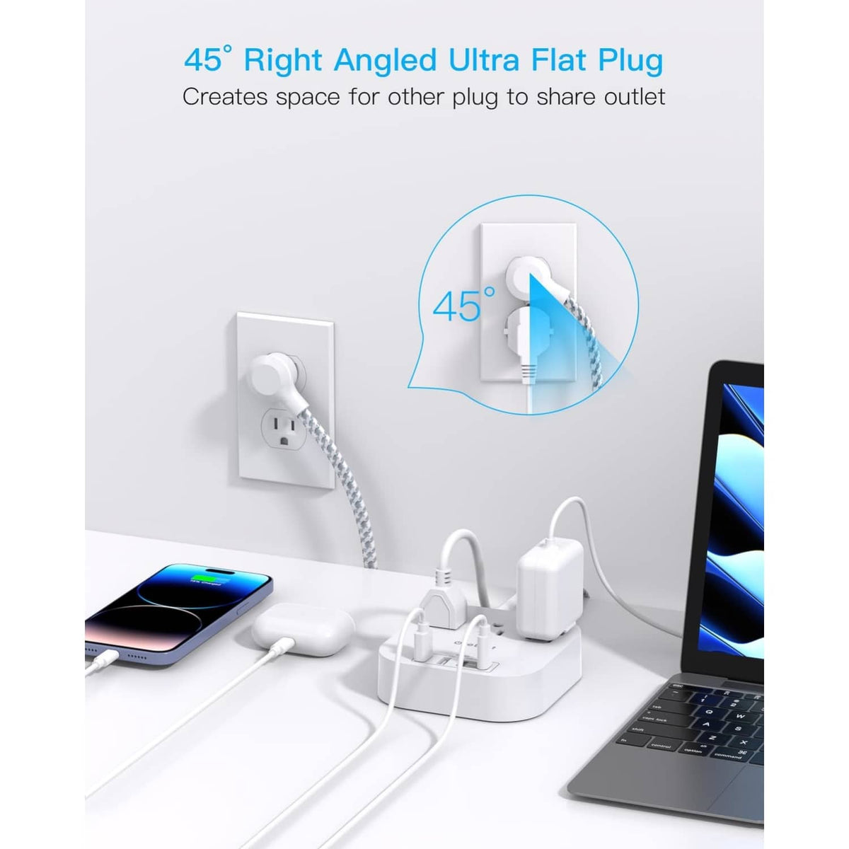 White 45° right-angled power strip plug with cord, USB-C and USB-A ports