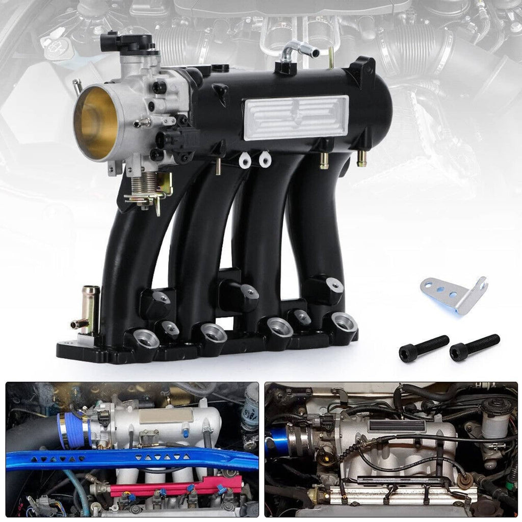 Intake manifold and 70mm throttle body kit with black runners and silver housing, includes parts