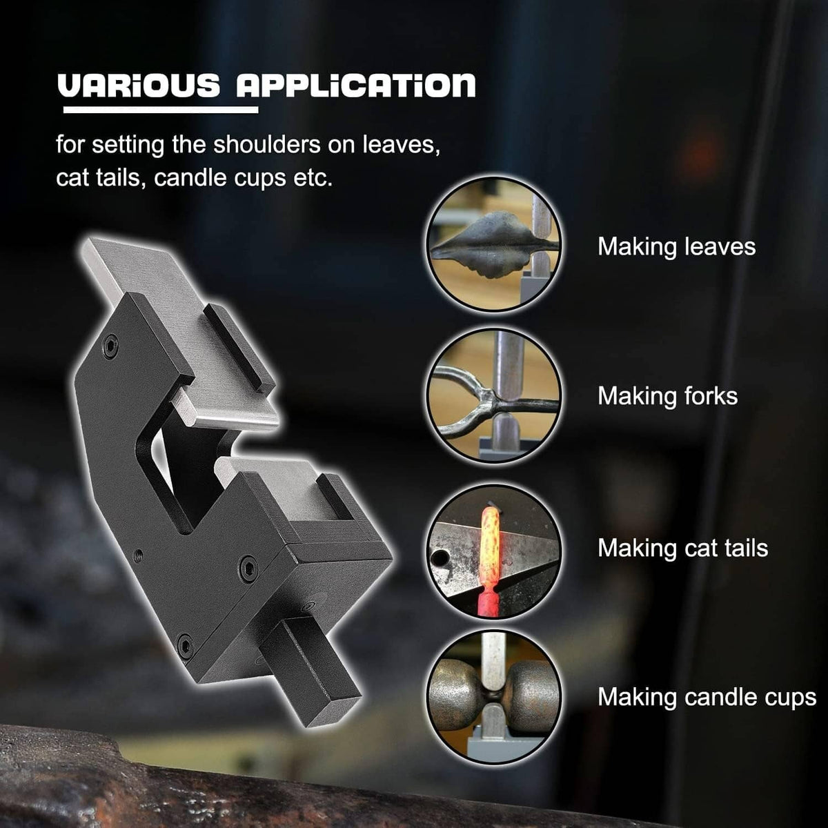 Black guillotine forging tool with flat die blocks for shaping grooves and shoulders