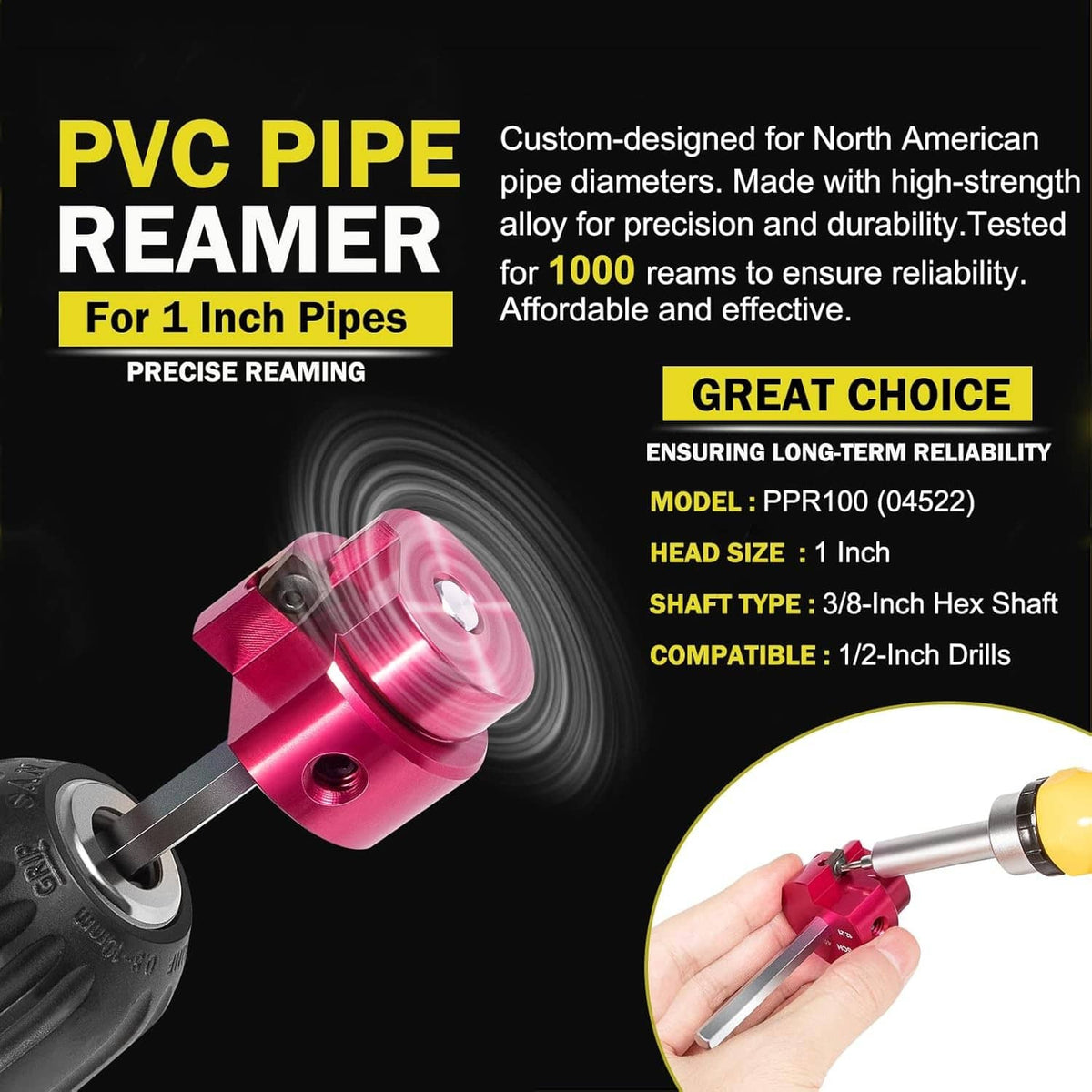 Red PVC pipe reamer head with hex-shaft handle for 1-inch pipe openings