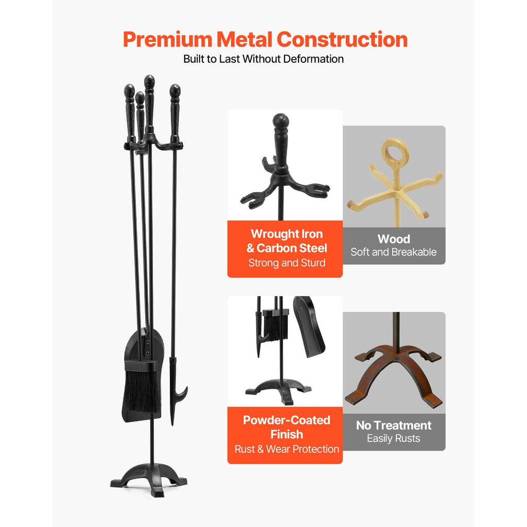 Black fireplace tool set on stand with poker, tongs, ash shovel, and brush.