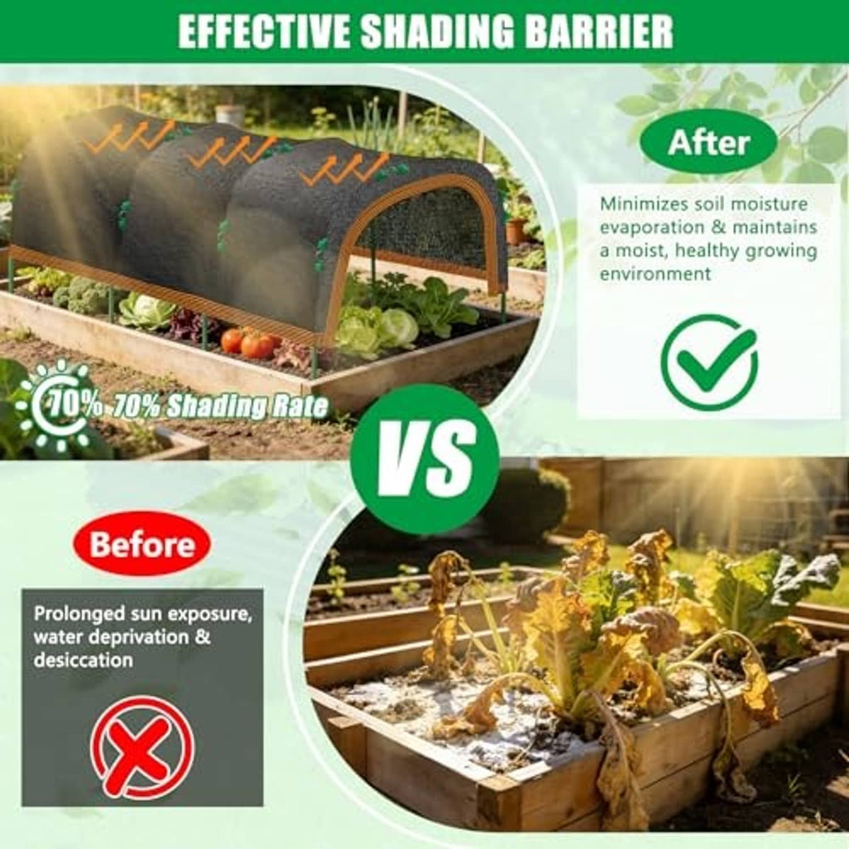 Garden shade cloth canopy over raised bed with orange-trim arch and green attachment clips