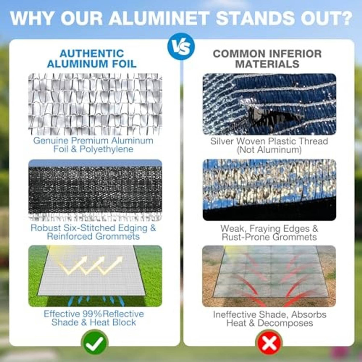 Silver aluminet shade cloth comparison panel showing reflective foil and stitching details
