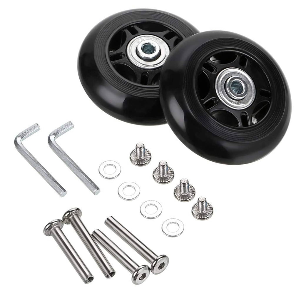 Black replacement luggage wheels set with axle bolts and washers, 80 x 24mm