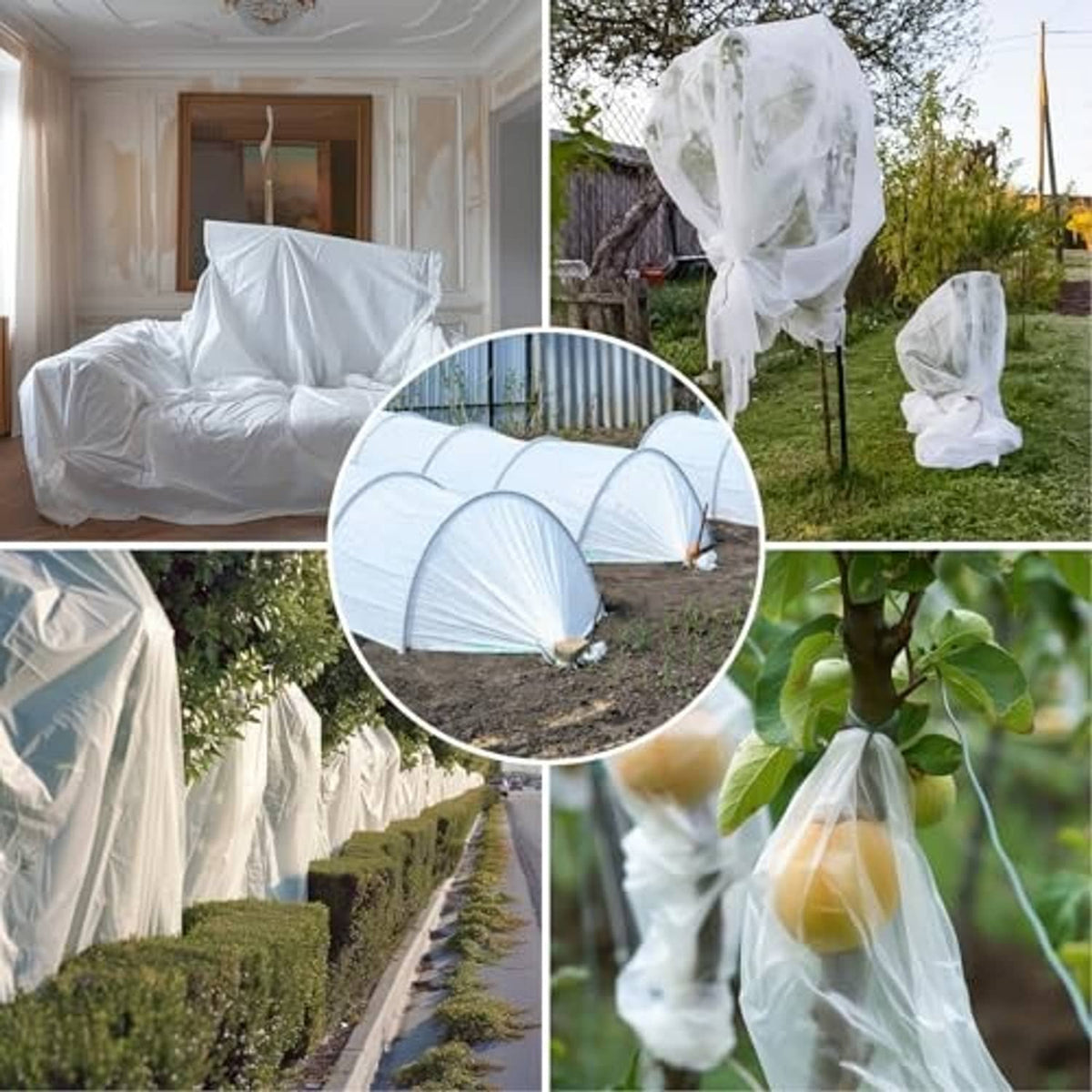 White plant cover sleeves over outdoor plants and garden hoop frames