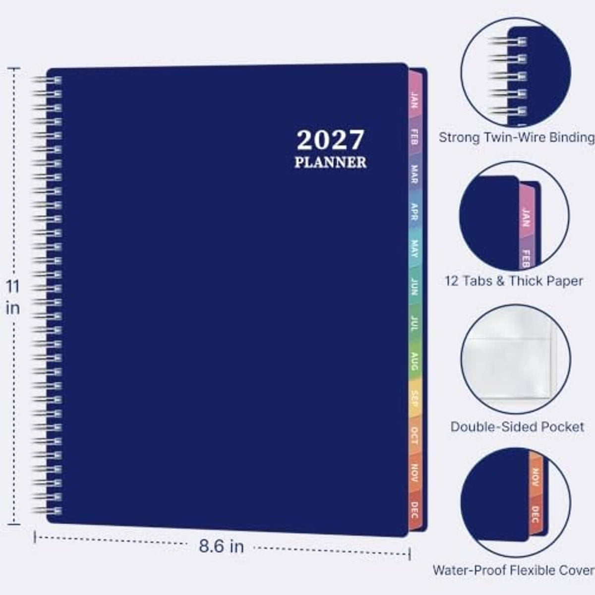 Blue 2027 planner with spiral binding, 8.5 in height, and water-proof flexible cover.