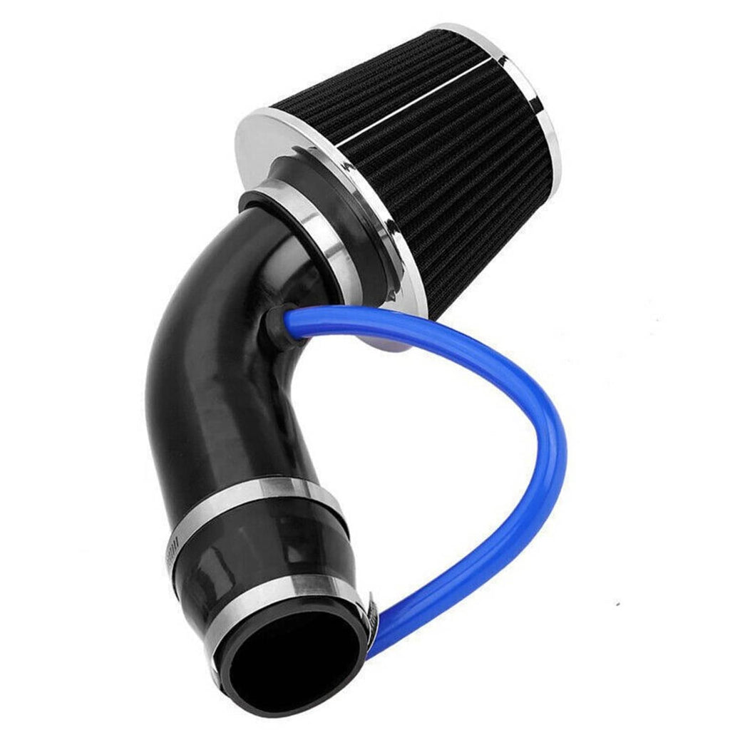 Universal cold air intake kit: black cone air filter, chrome ring, blue silicone hose