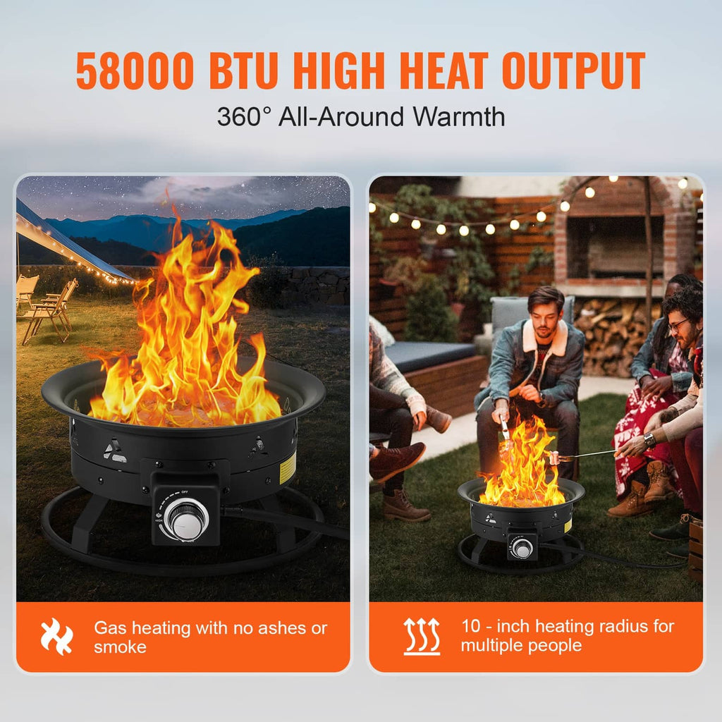 Black round propane fire pit with bright flames in the bowl and control knob