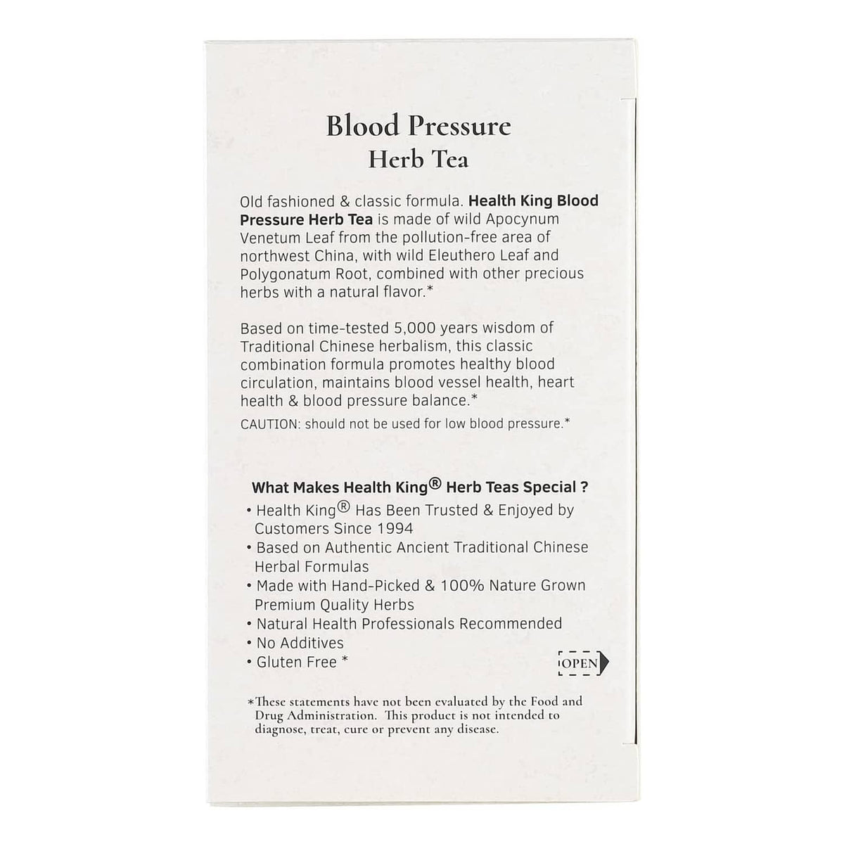 Blood Pressure herb tea box, supplement facts and directions, 20 tea bags.