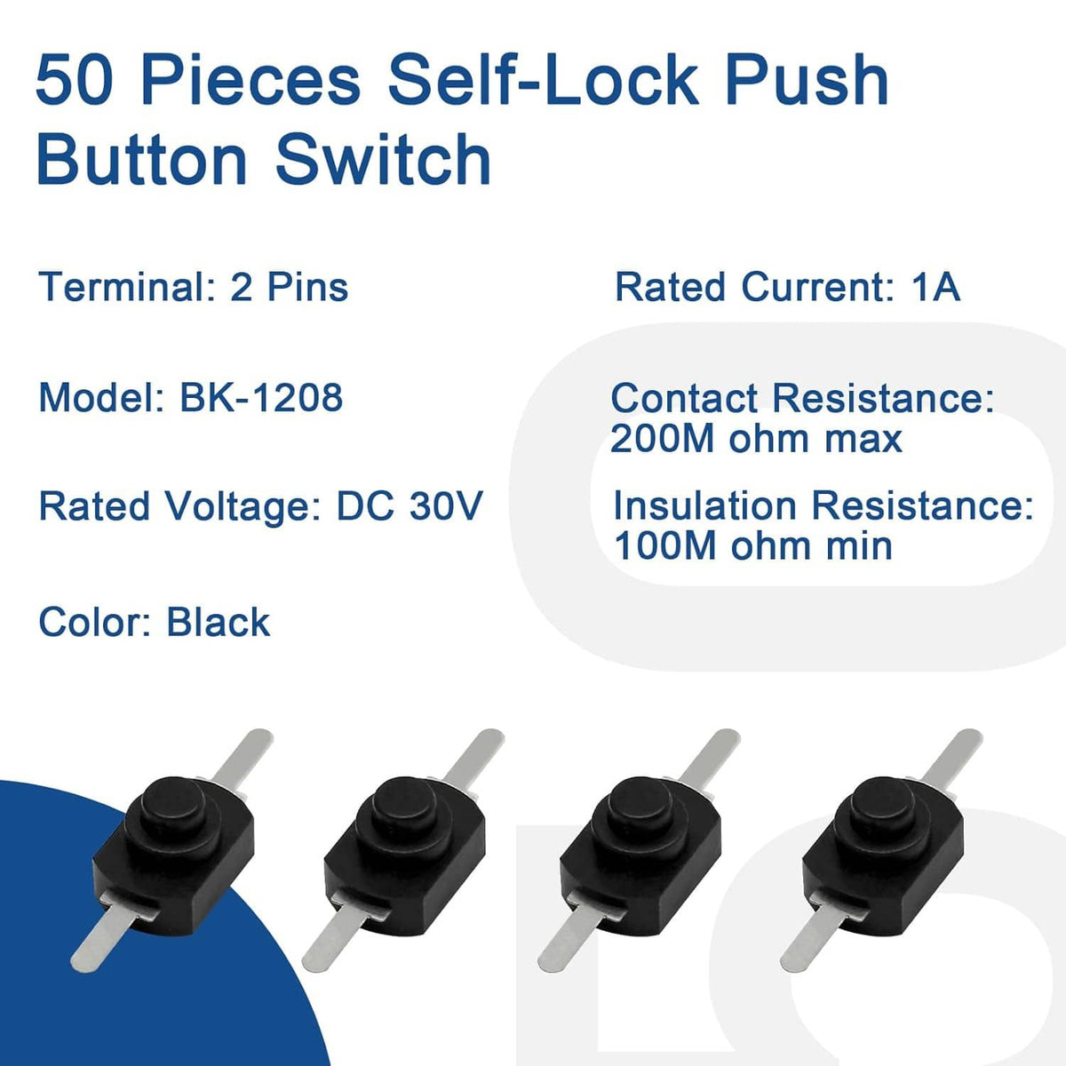 Black self-lock push button switch with two-pin terminals, product layout view