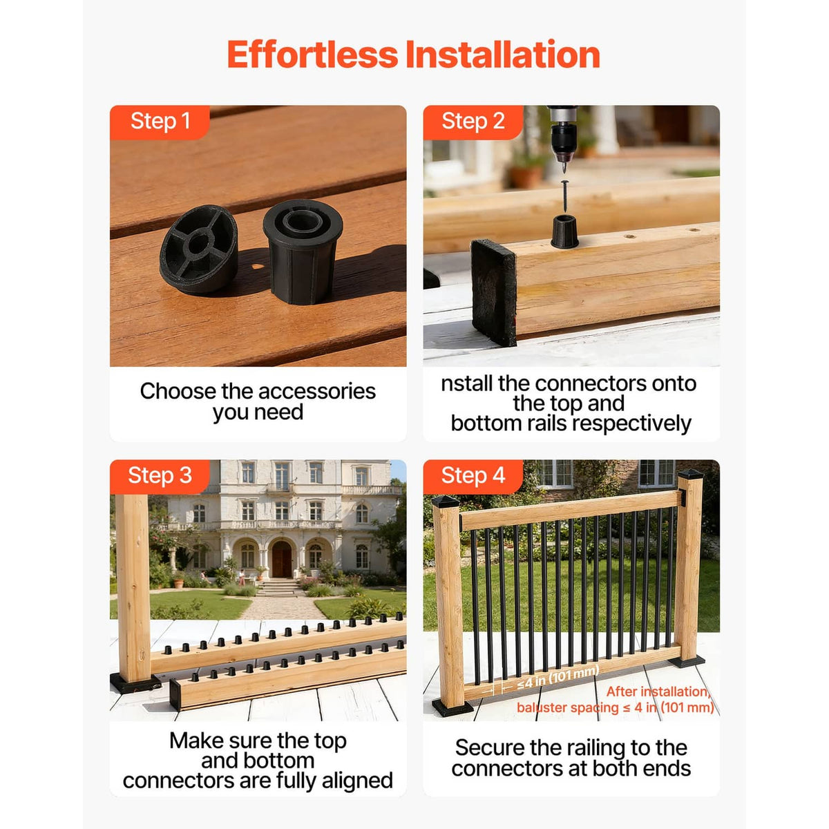 Black connector accessories and baluster end pieces for installing aluminum railing