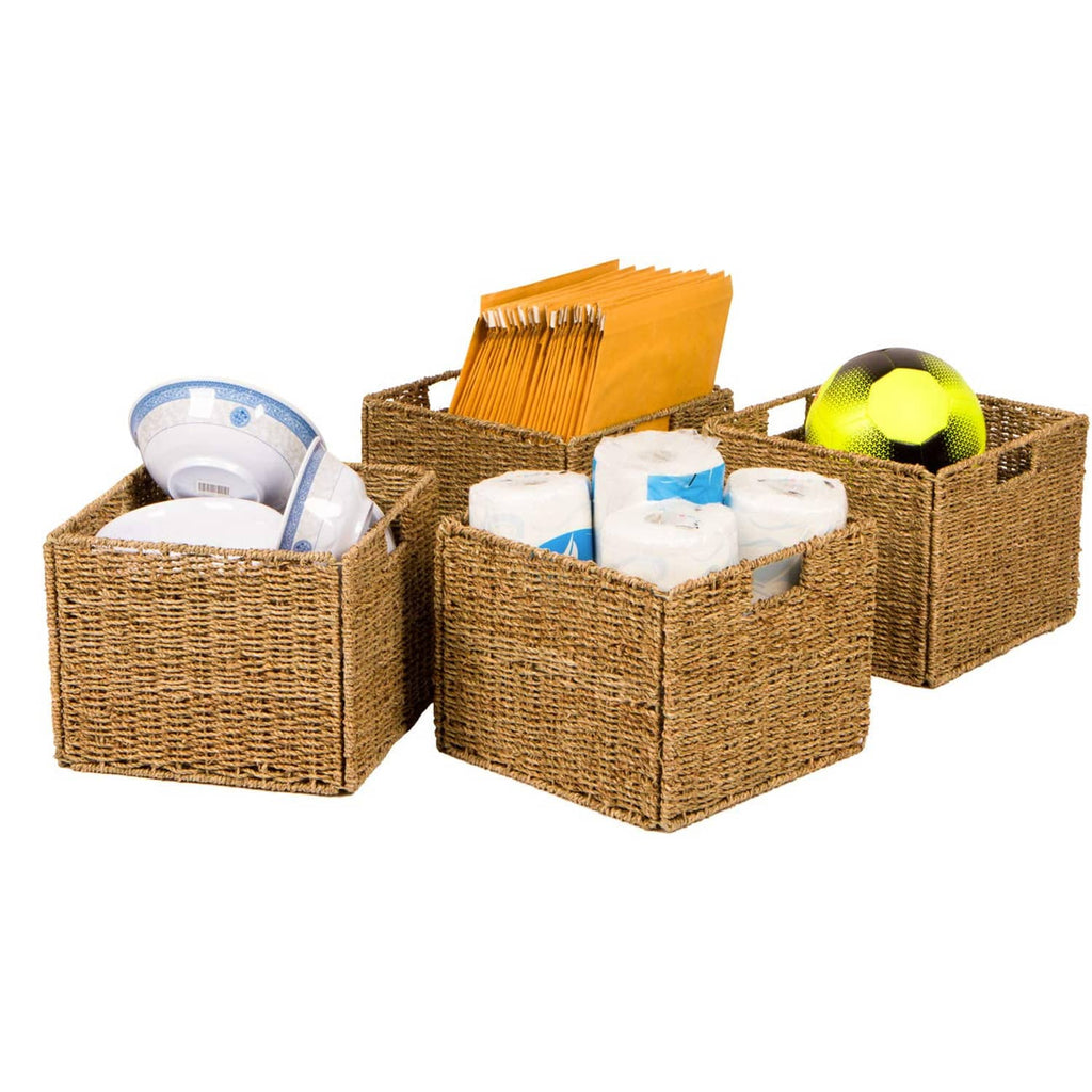 Four woven seagrass storage baskets with iron wire frame and open tops