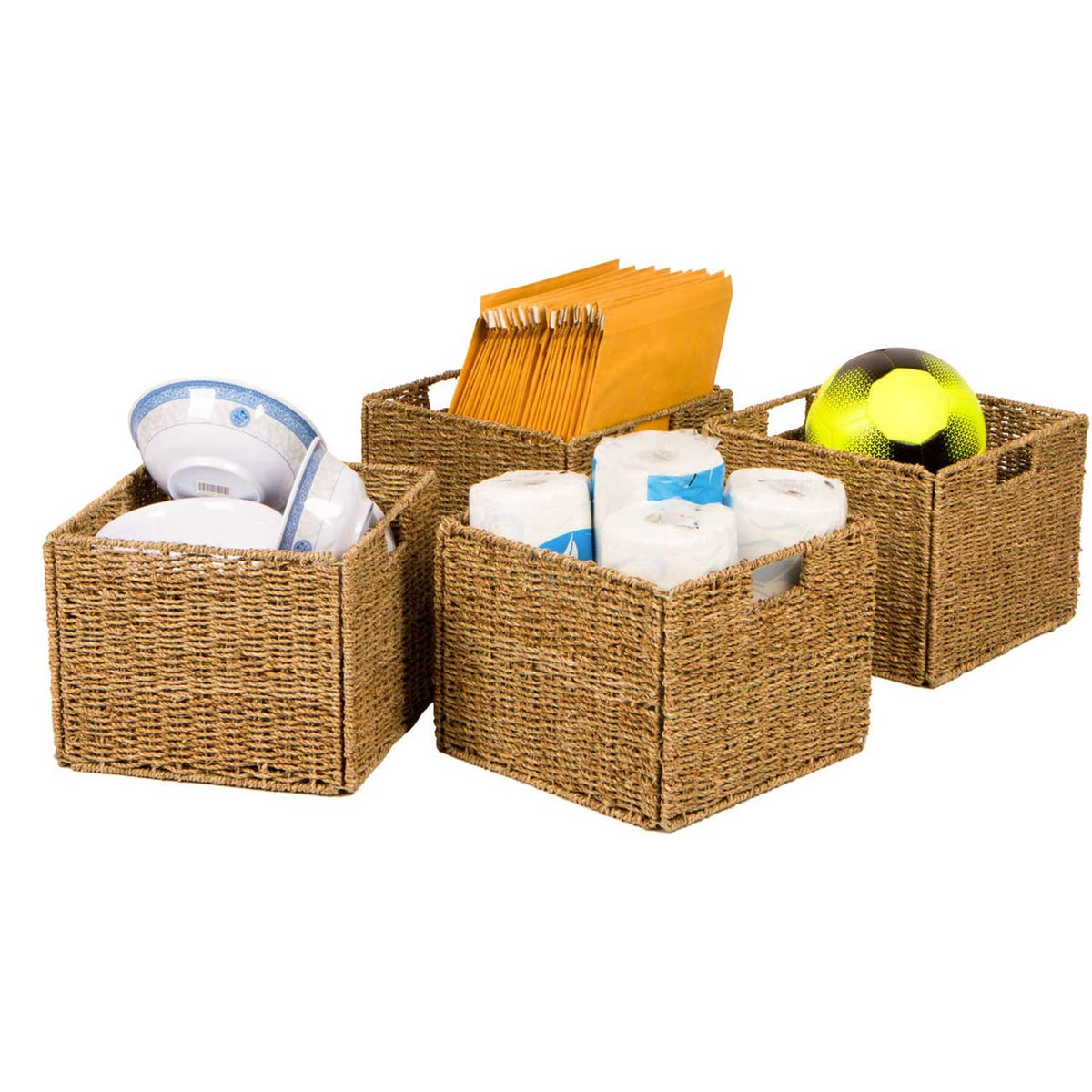 Four woven seagrass storage baskets with iron wire frame and open tops