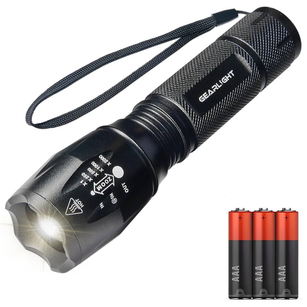 GearLight LED tactical flashlight with wrist strap and included AAA batteries, black body
