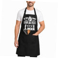 Black waterproof apron with dual pockets and adjustable neck straps, beer graphic front.