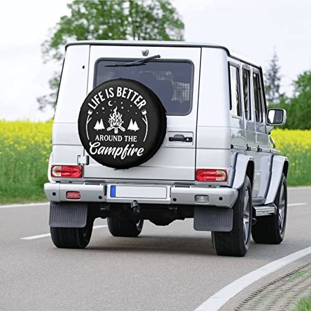 Black spare tire cover with white “Life is Better Around the Campfire” on rear
