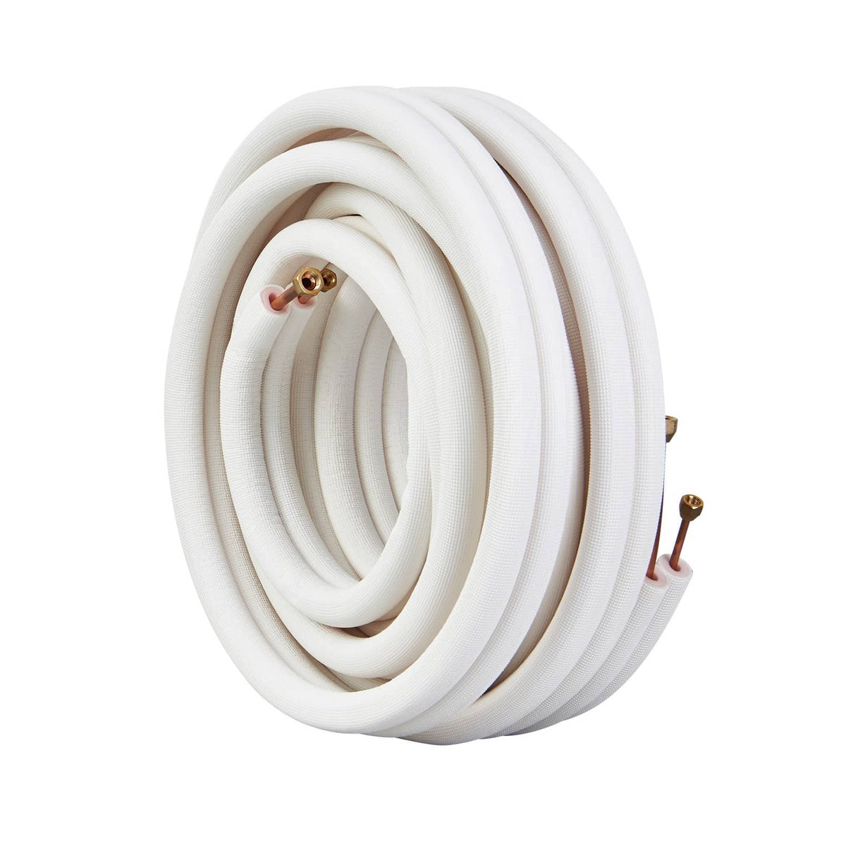 Coiled insulated mini split refrigerant line set with copper flare fittings, white jacket