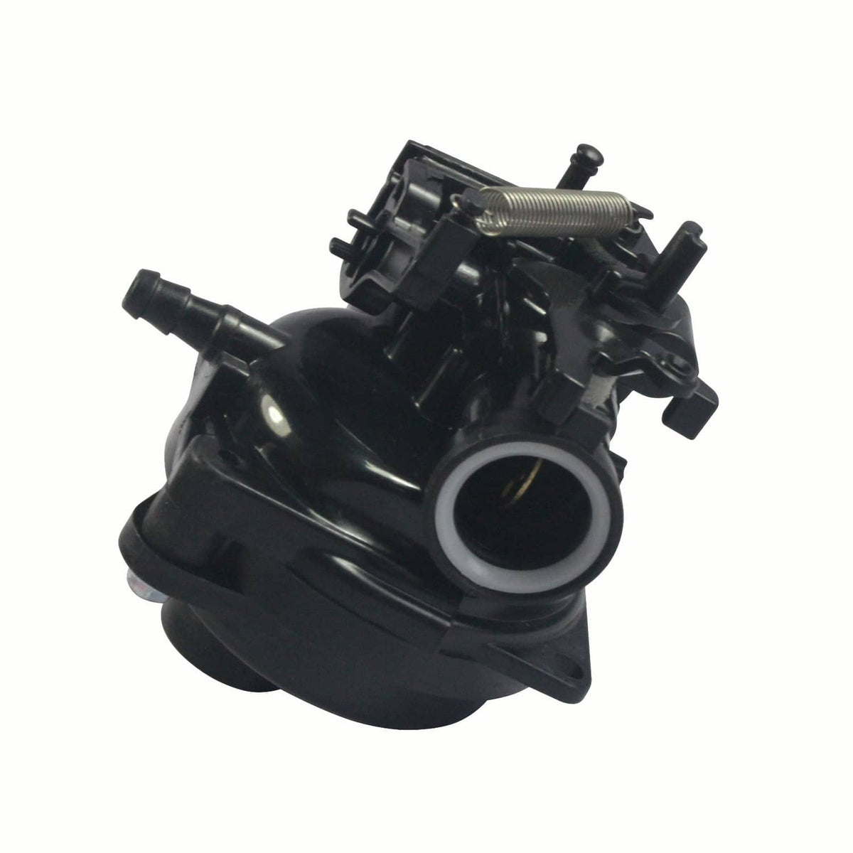 Carburetor assembly with intake port and mounting bracket, black plastic and metal