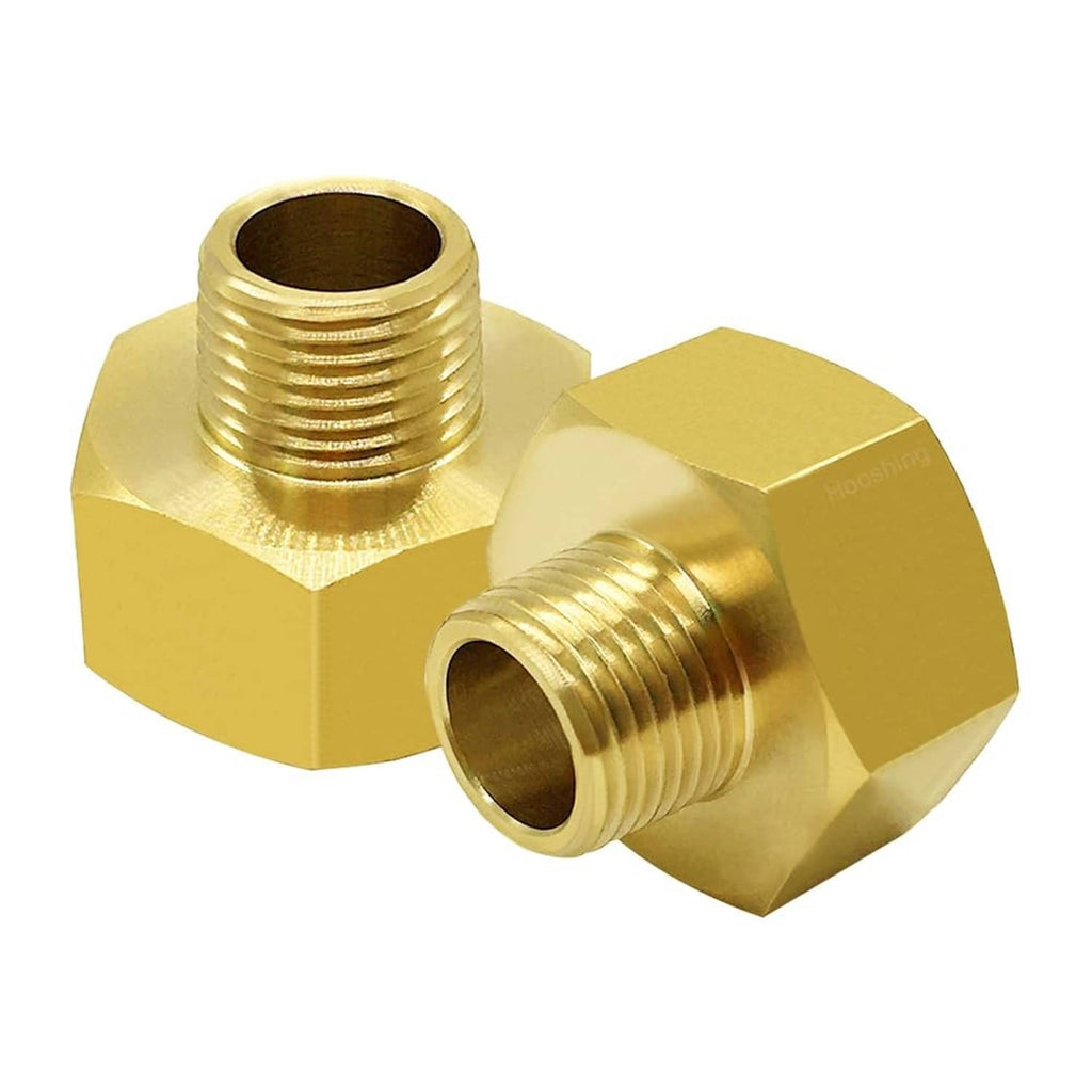 Brass hose adapter with hex fittings and threaded ports, two-piece angled view