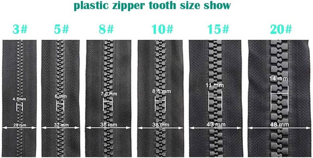 Dark plastic zipper tape with multiple tooth sizes shown