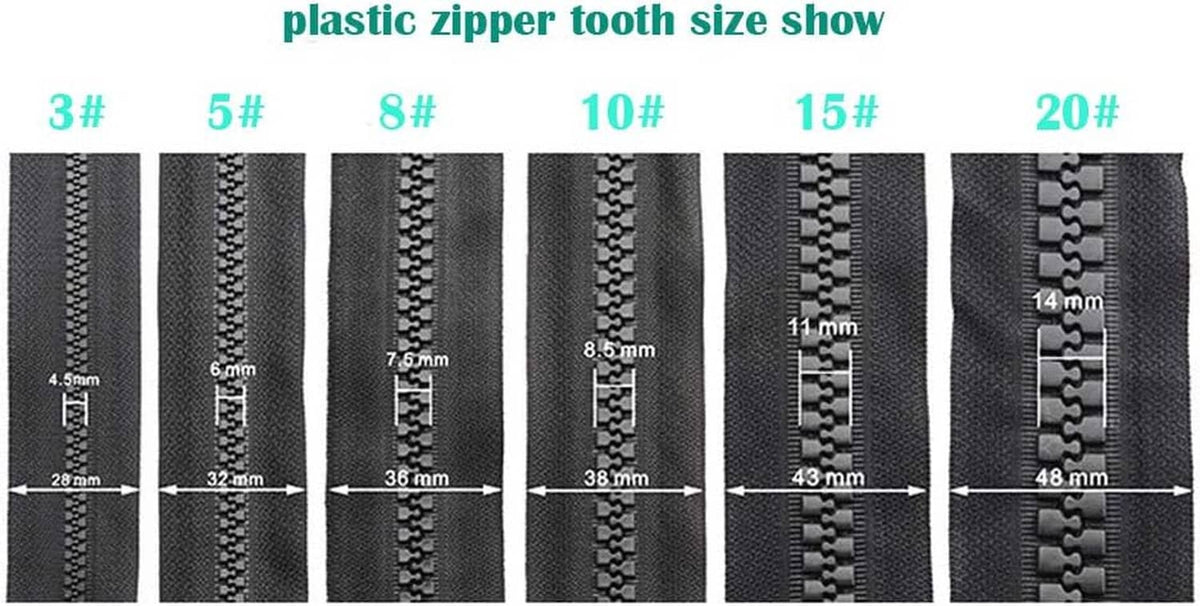 Dark plastic zipper tape with multiple tooth sizes shown