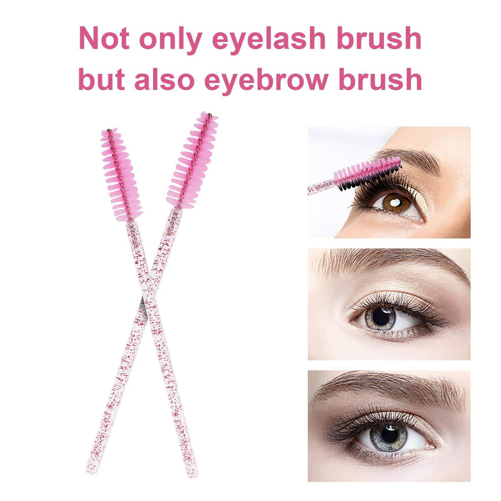 Set of disposable eyelash and eyebrow brushes with glitter handles and pink spiral bristles