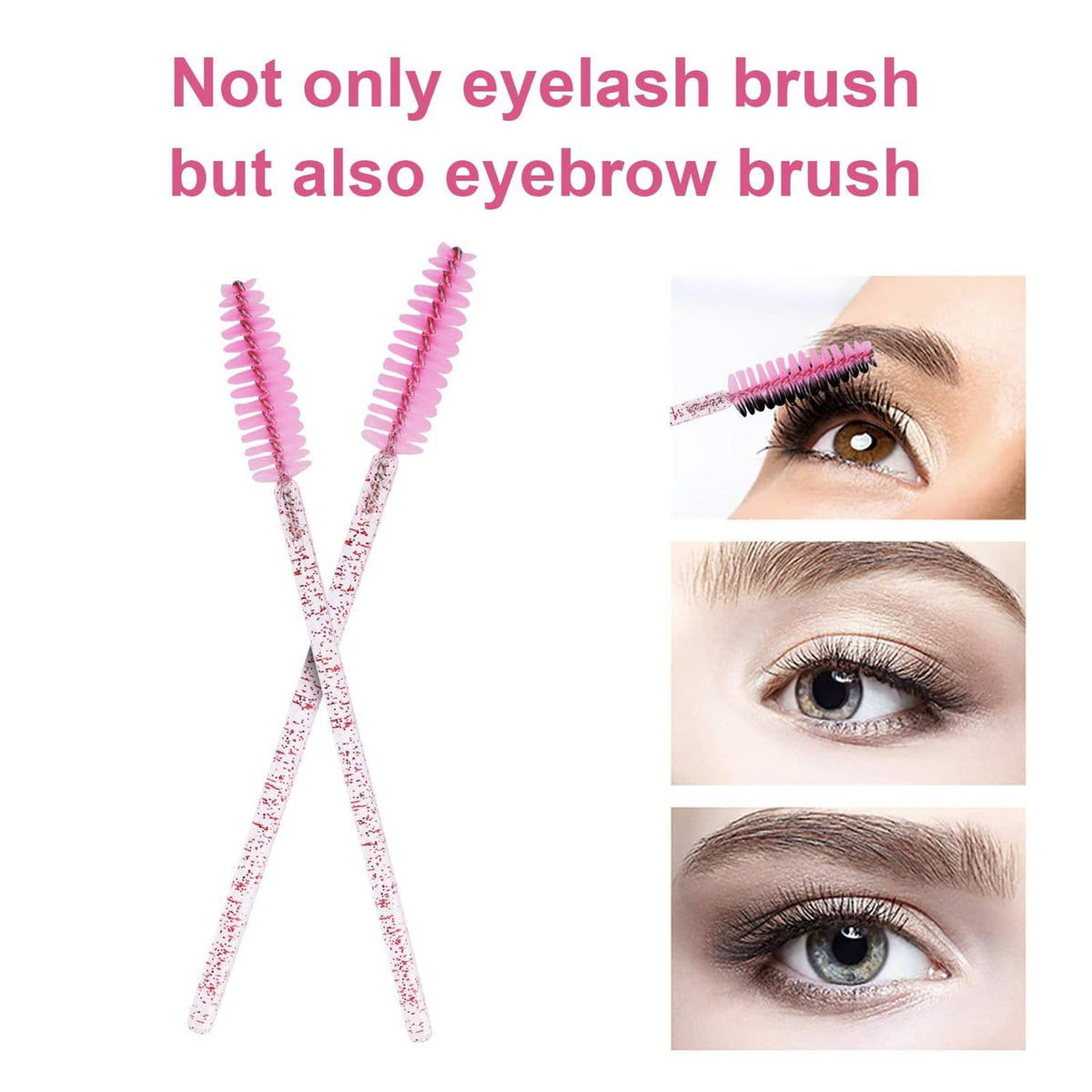 Set of disposable eyelash and eyebrow brushes with glitter handles and pink spiral bristles